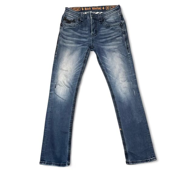 Rock Revival Nick All-Straight Jeans Men’s Size 32 Blue Distressed Denim Embroid - Picture 1 of 8